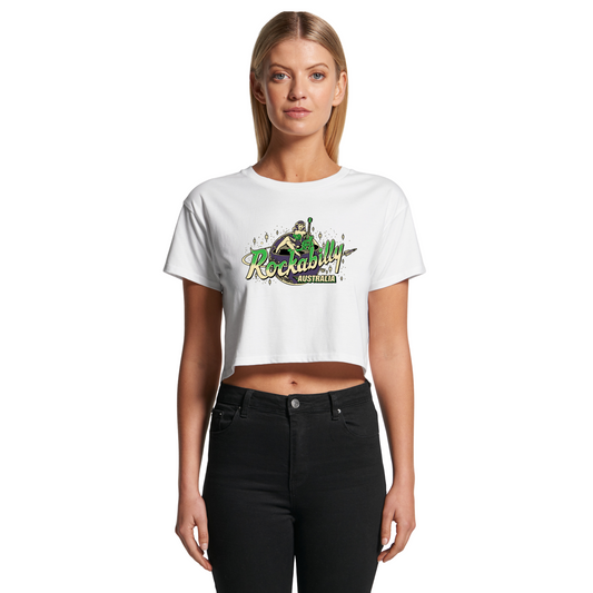 Rockabilly Australia Women’s Crop Tee with Colour Logo in White (4062)