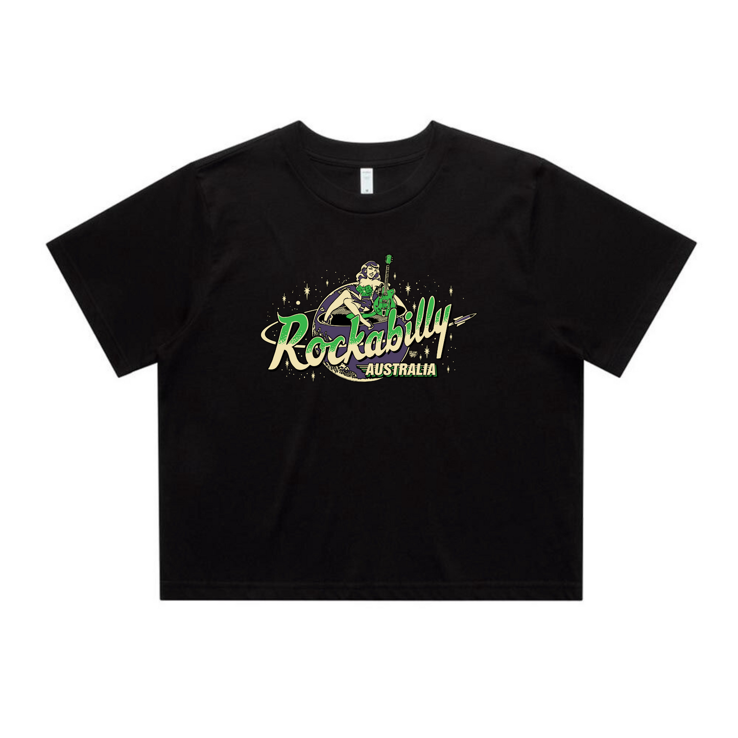 Rockabilly Australia Women’s Crop Tee with Colour Logo in Black (4062)
