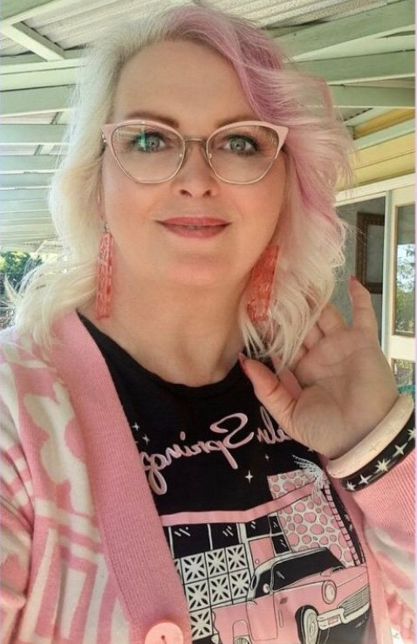 Acrylic Breeze Block Earrings. Double Squares style Screen Blocks. Specialty Pink Glitter Acrylic. Mid Century Modern Style Earrings. 1950s. - Rockabilly Australia Pty Ltd