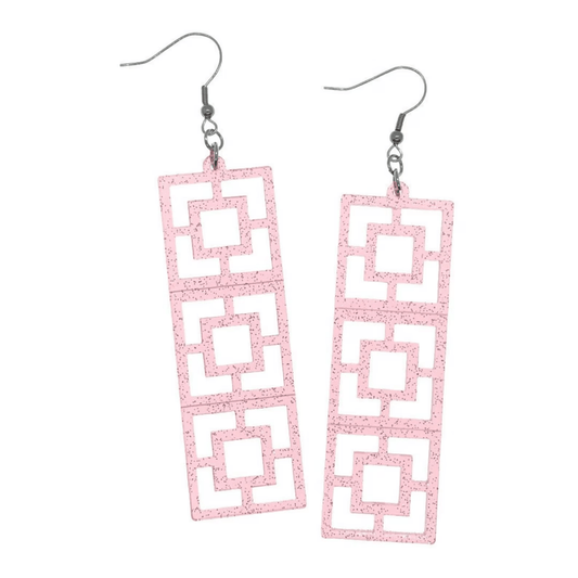 Acrylic Breeze Block Earrings. Double Squares style Screen Blocks. Specialty Pink Glitter Acrylic. Mid Century Modern Style Earrings. 1950s. - Rockabilly Australia Pty Ltd