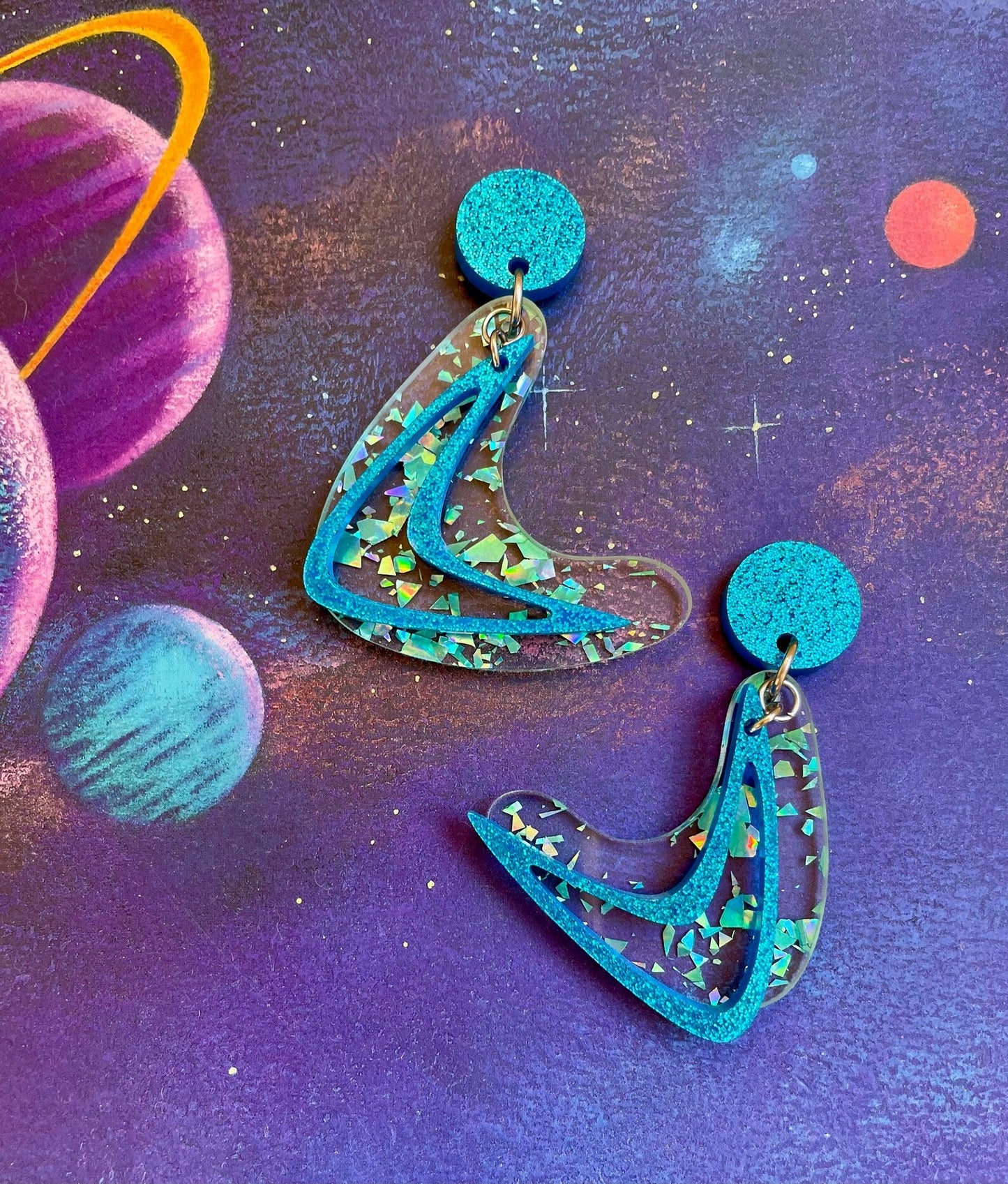 Atomic Space Age Boomerang Earrings. Blue Tinsel and Glitter Acrylic. Mid Century Modern. 1950’s style Earrings. Kitsch Dangle Earrings. - Rockabilly Australia Pty Ltd