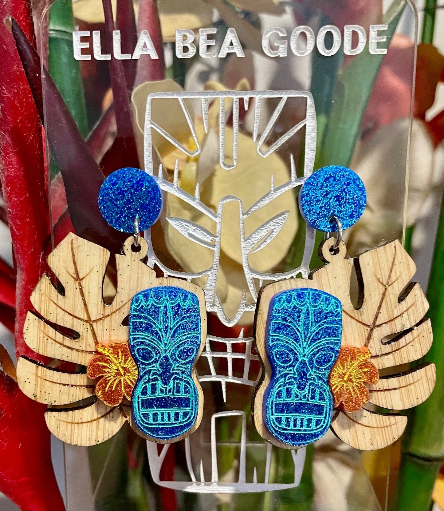 Bamboo Tiki Earrings. Acrylic Blue Glitter Tiki's. Monstera and Hibiscus Flowers. MCM Tiki Hawaiian Theme Earrings. Tiki Oasis Style. - Rockabilly Australia Pty Ltd