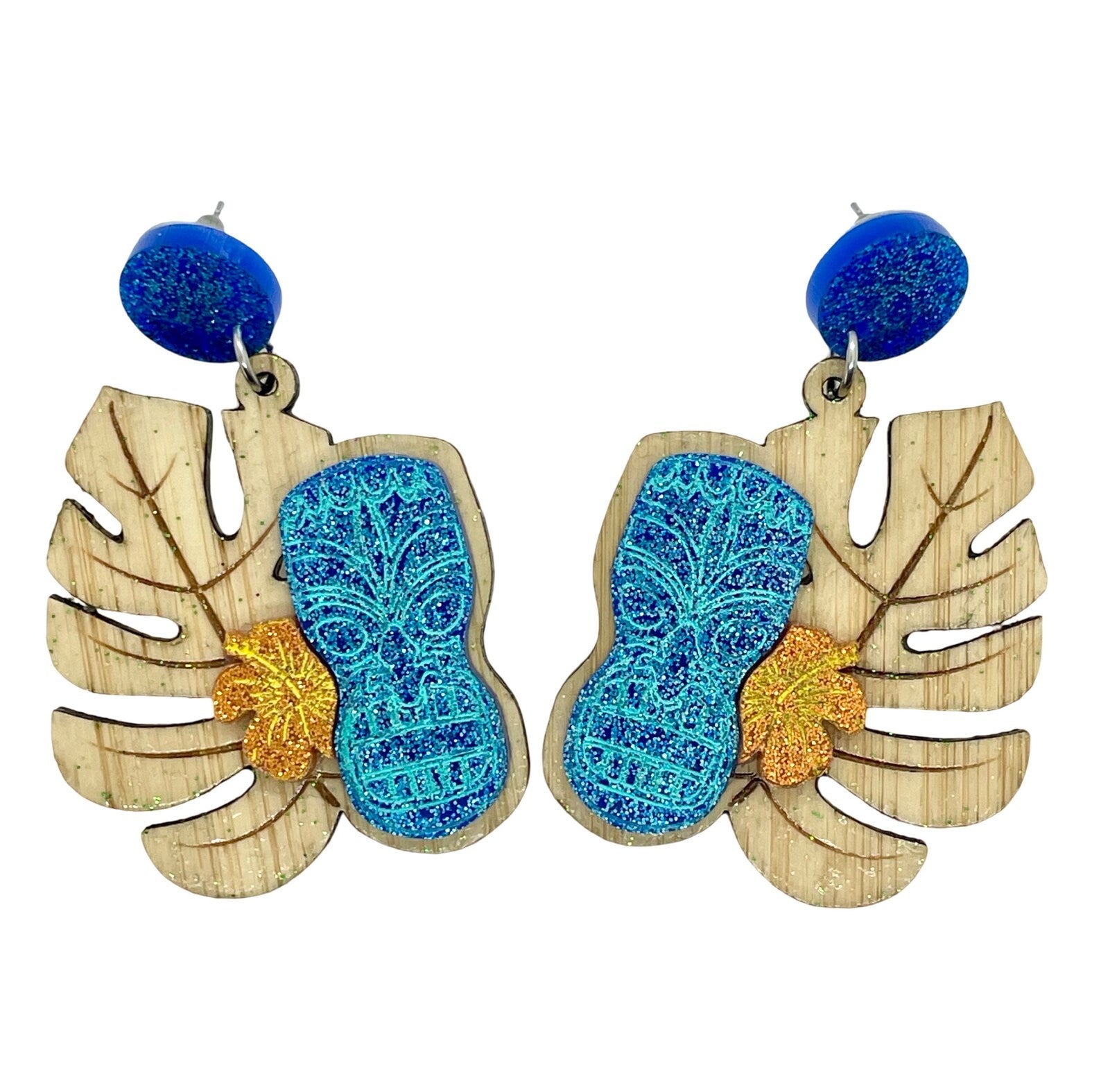 Bamboo Tiki Earrings. Acrylic Blue Glitter Tiki's. Monstera and Hibiscus Flowers. MCM Tiki Hawaiian Theme Earrings. Tiki Oasis Style. - Rockabilly Australia Pty Ltd