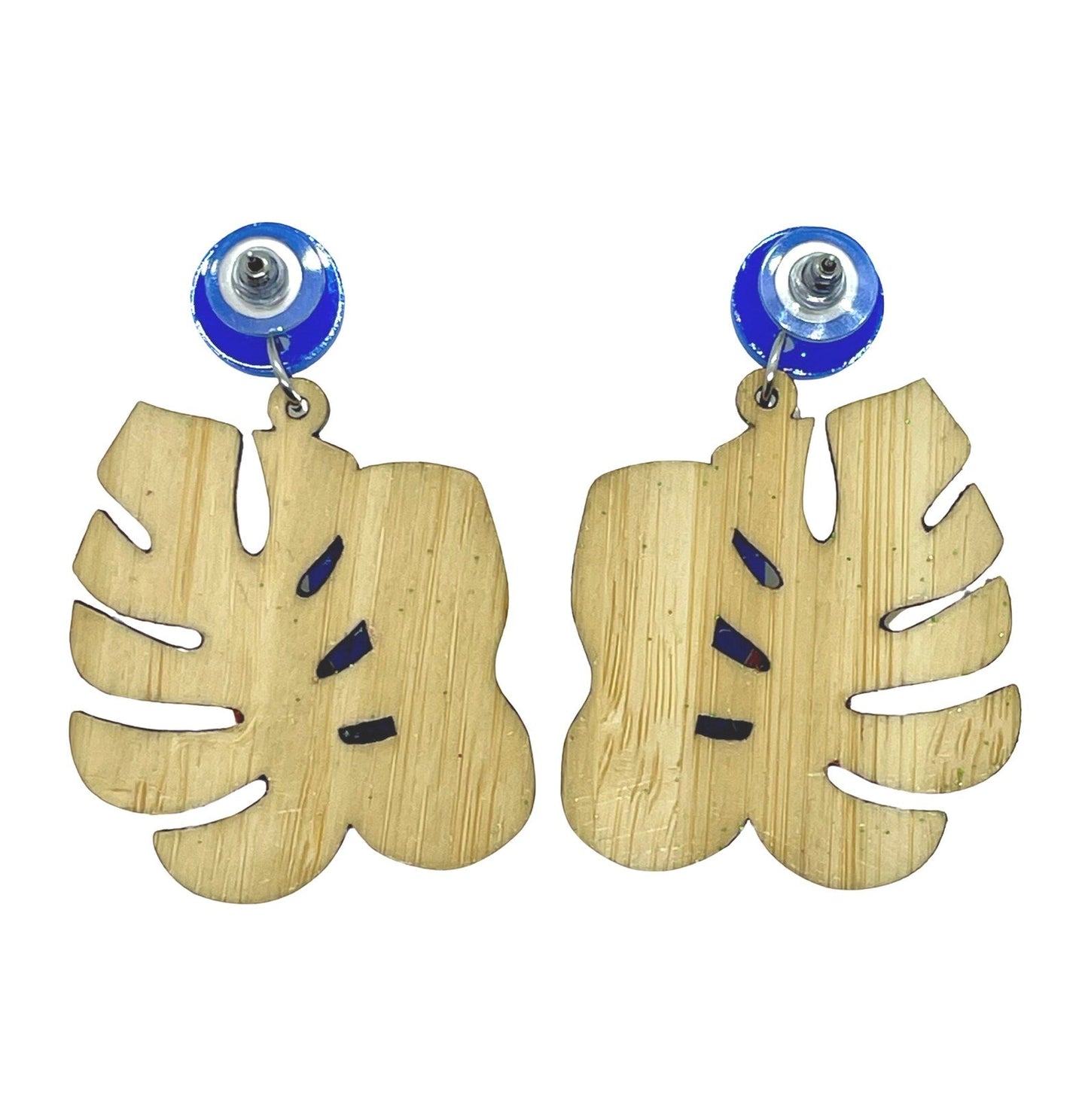 Bamboo Tiki Earrings. Acrylic Blue Glitter Tiki's. Monstera and Hibiscus Flowers. MCM Tiki Hawaiian Theme Earrings. Tiki Oasis Style. - Rockabilly Australia Pty Ltd