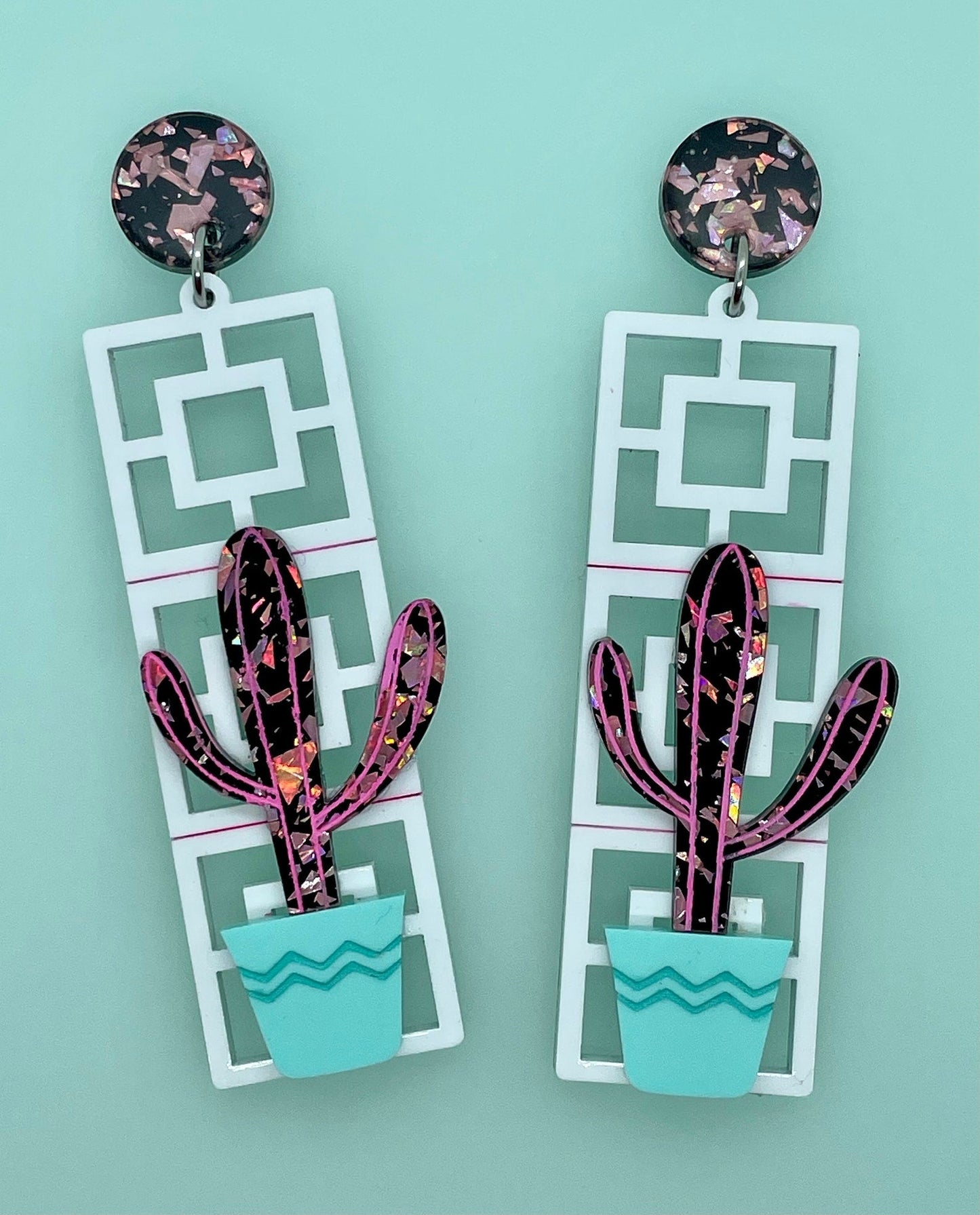 Cactus & Breeze Block Acrylic Earrings, Vista - Vue Breeze Blocks, Mid Century Modern Earrings, Palm Springs Style, 1960’s, Cactus Earrings - Rockabilly Australia Pty Ltd