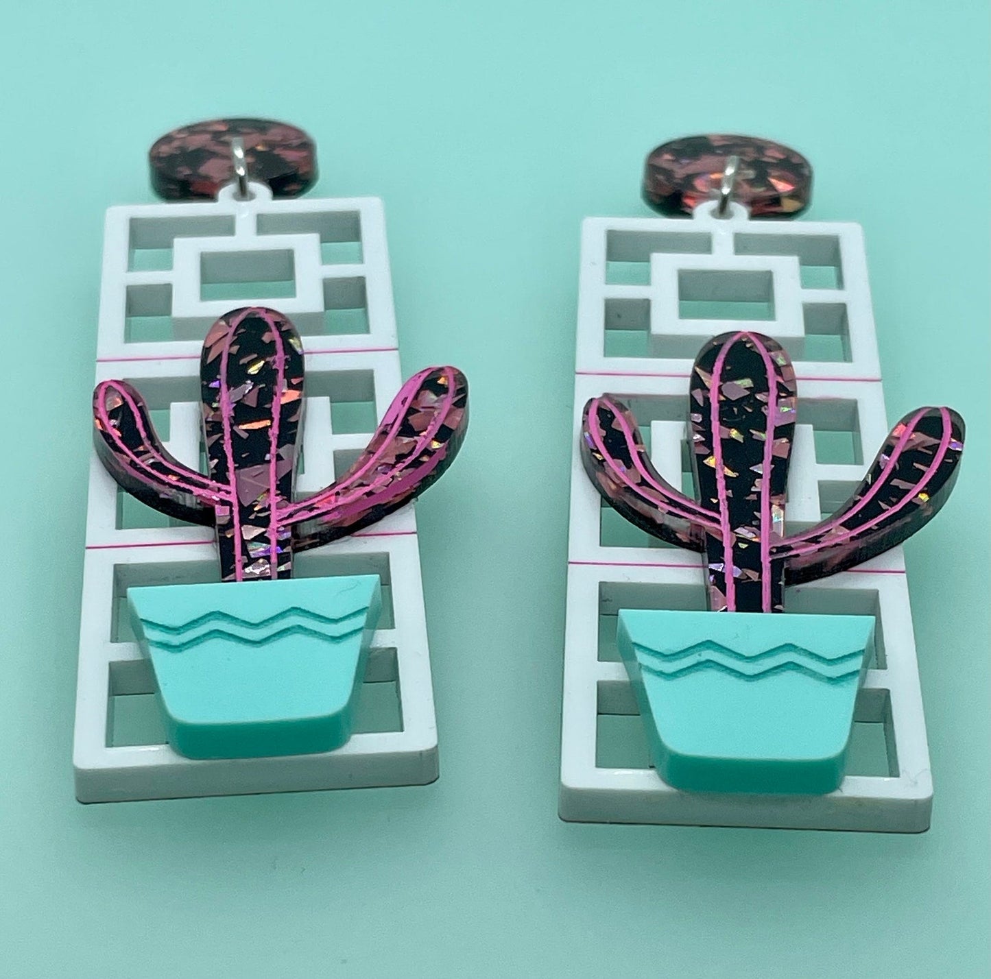 Cactus & Breeze Block Acrylic Earrings, Vista - Vue Breeze Blocks, Mid Century Modern Earrings, Palm Springs Style, 1960’s, Cactus Earrings - Rockabilly Australia Pty Ltd