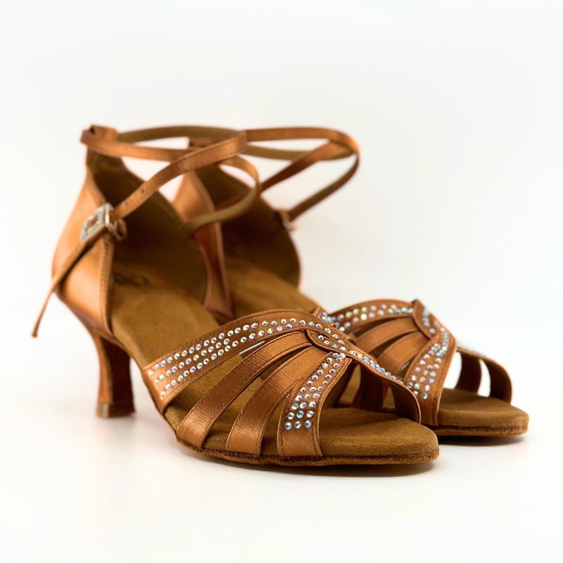 Elegant, Fixed Vamp Strap, 2.25 Inch Flared Heel, 2 Way adjustable Ankle strap, Latin Dance Shoe with AB Rhinestone detailing - (40902T) - Rockabilly Australia Pty Ltd