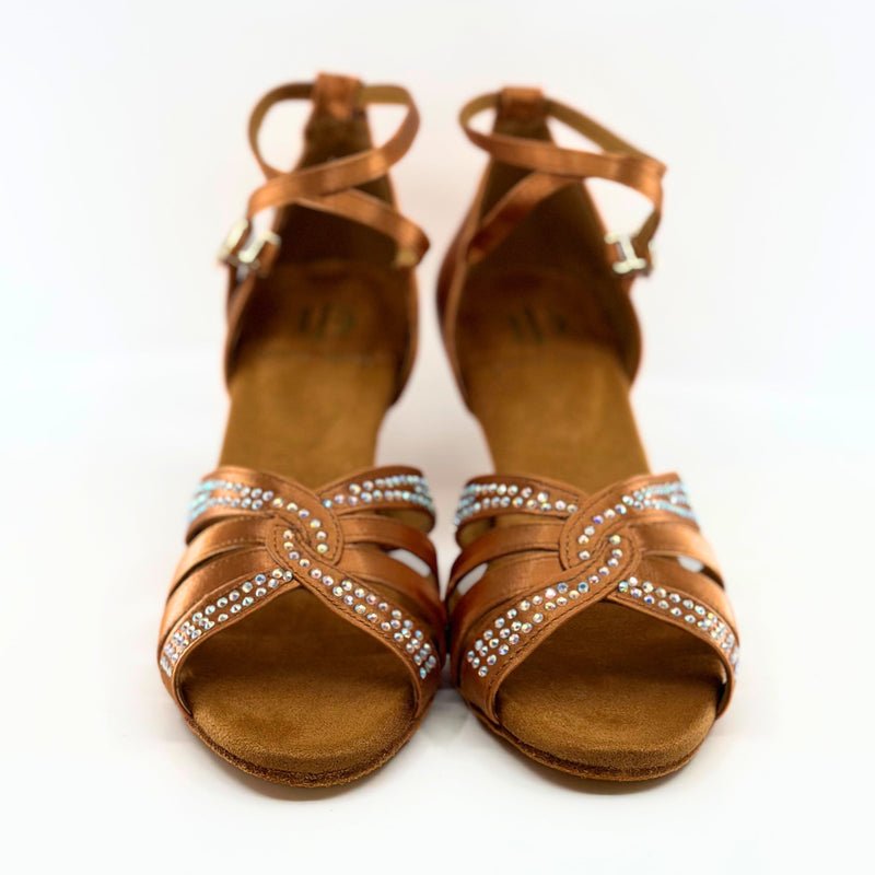 Elegant, Fixed Vamp Strap, 2.25 Inch Flared Heel, 2 Way adjustable Ankle strap, Latin Dance Shoe with AB Rhinestone detailing - (40902T) - Rockabilly Australia Pty Ltd