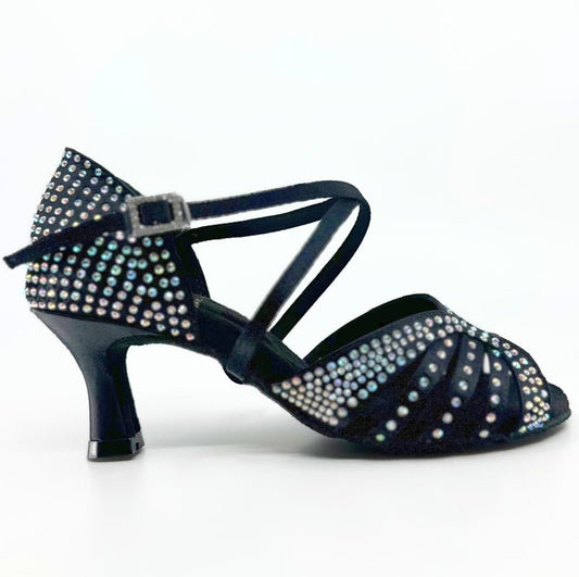 Elegant, Vintage Inspired, Fixed Vamp Strap, 2.25 Inch Flared Heel, 2 Way adjustable Ankle strap, Latin Dance Shoe with AB Rhinestone detailing - (1618BC) - Rockabilly Australia Pty Ltd