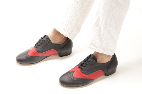 Gentlemen's, Classic, Wingtip, 1950's Inspired Brogue, Black and Red Leather, Hard Leather Sole Dance Shoe - (7812BR) - Rockabilly Australia Pty Ltd