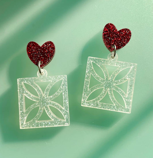I Love Heart Breeze Block Earrings. Flower style Breeze Blocks. Acrylic dangle earrings. Mid Century Modern Style Earrings. Breeze Blocks - Rockabilly Australia Pty Ltd