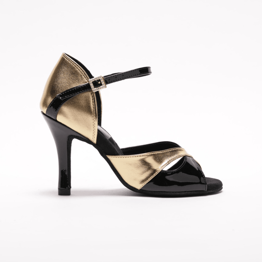 Ladies, 3.5 Inch Stiletto, High Performance Latin Dance Shoe, Patent and Metallic Gold Leather. - Rockabilly Australia Pty Ltd