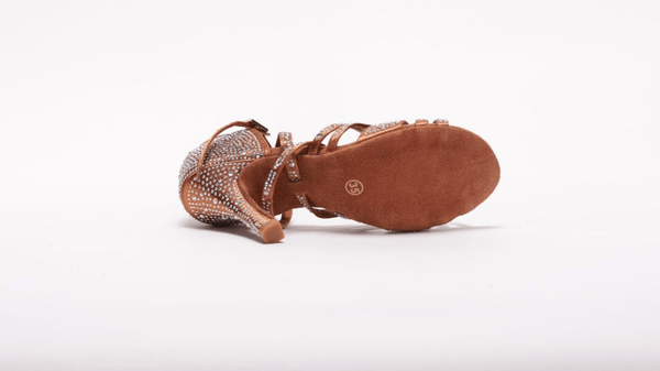 Ladies, 5 Strap Vamp, 3.5 Inch Stilleto, 2 Way Adjustable Strap, Dark Tan Satin with AB Rhinestones, Latin Shoe - (20L201) - Rockabilly Australia Pty Ltd