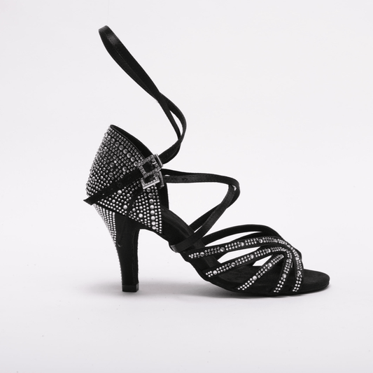 Ladies, 5 Strap Vamp, Unique, 2 Way, Adjustable, Double Strap System, 3 Inch Stilleto Heel, highly decorated in Silver Rhinestones, Latin Dance Shoe - (ZURI) - Rockabilly Australia Pty Ltd