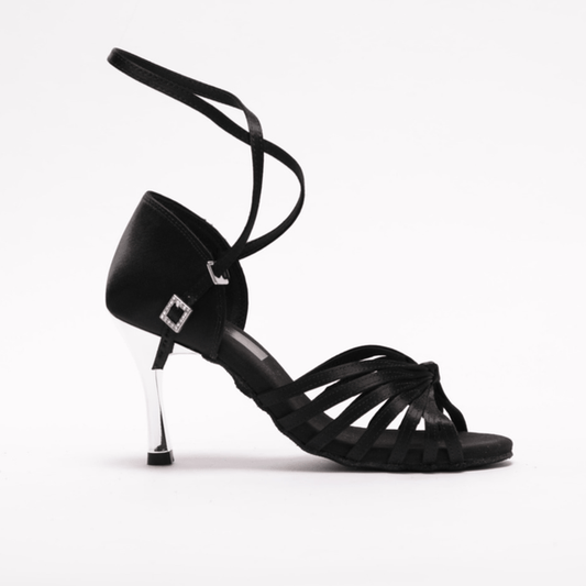 Ladies, 7 Strap, Fixed Knotted Vamp, 3.3 Inch, High Performance Dance Shoe with Metallic heel. (Available in Black and Tan Satin) - (S121B) - Rockabilly Australia Pty Ltd