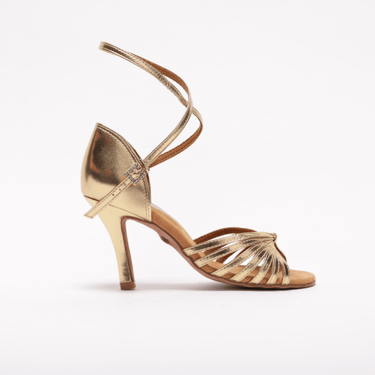 Ladies, 7 Strap, Fixed Knotted Vamp, 3.5 Inch Stiletto, In Metallic Gold Leather - (S121G) - Rockabilly Australia Pty Ltd