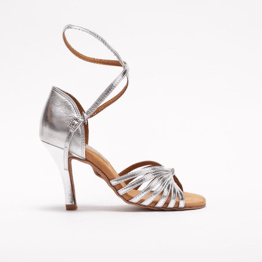 Ladies, 7 Strap, Fixed Knotted Vamp, 3.5 Inch Stiletto, In Metallic Silver Leather - (S121S) - Rockabilly Australia Pty Ltd