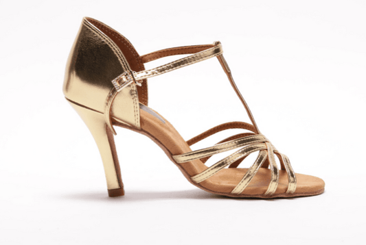 Ladies, Classic, 5 Strap, T - Bar, 3.5 Inch Stiletto, Latin Dance Shoe in Metallic Gold Leather - (S23G) - Rockabilly Australia Pty Ltd