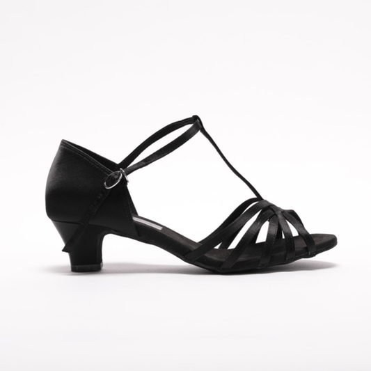 Ladies, Classic, 5 Strap Vamp, T - Bar, Open Toe Dance Shoe. (Available in Black and Silver Satin) - (S23B) - Rockabilly Australia Pty Ltd