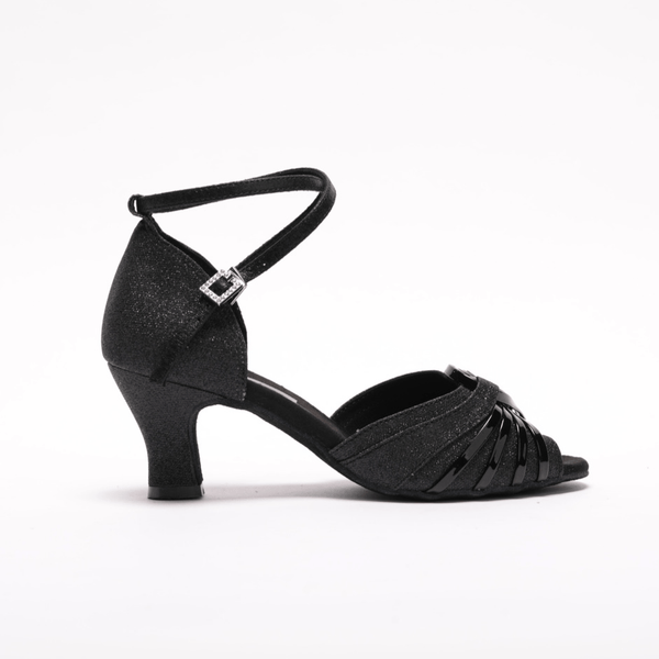 Ladies, Classic, Incased Peep Toe, Vamp with Swirl detail, 2.25 Inch, Spanish Heel, Wrap Ankle Strap, Dance Shoe in Ultra Fine Black Glitter Satin - (S7381B) - Rockabilly Australia Pty Ltd