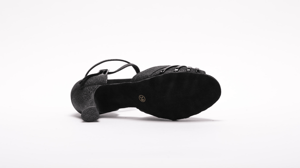 Ladies, Classic, Incased Peep Toe, Vamp with Swirl detail, 2.25 Inch, Spanish Heel, Wrap Ankle Strap, Dance Shoe in Ultra Fine Black Glitter Satin - (S7381B) - Rockabilly Australia Pty Ltd