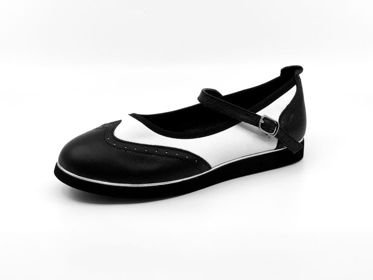 Ladies, Classic, Mary Jane, Wingtip, Black and White Leather Dance Shoe - Rockabilly Australia Pty Ltd