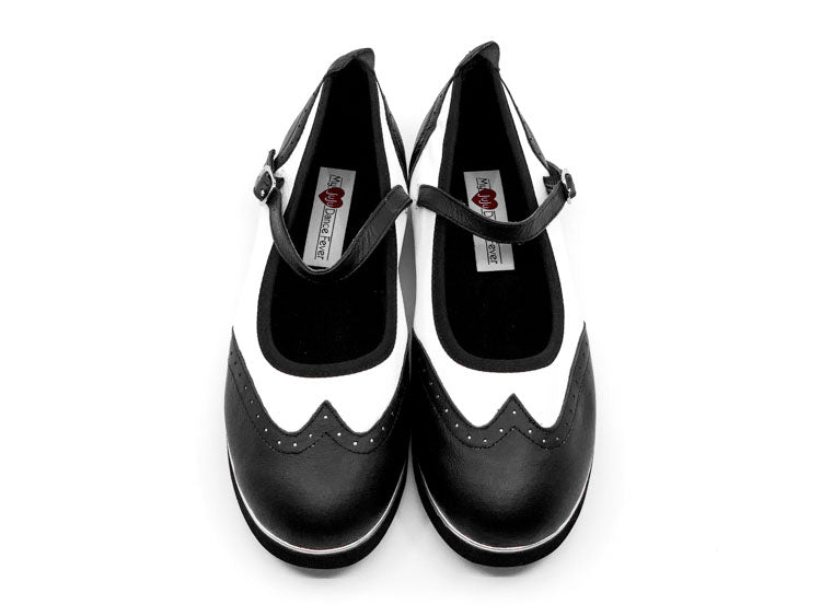 Ladies, Classic, Mary Jane, Wingtip, Black and White Leather Dance Shoe - Rockabilly Australia Pty Ltd