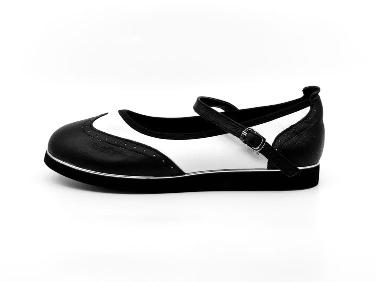 Ladies, Classic, Mary Jane, Wingtip, Black and White Leather Dance Shoe - Rockabilly Australia Pty Ltd