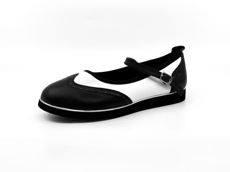 Ladies, Classic, Mary Jane, Wingtip, Black and White Leather Dance Shoe - Rockabilly Australia Pty Ltd