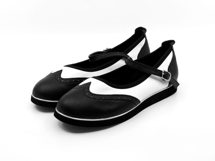 Ladies, Classic, Mary Jane, Wingtip, Black and White Leather Dance Shoe - Rockabilly Australia Pty Ltd