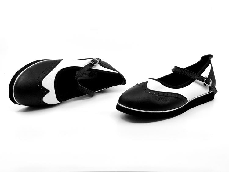 Ladies, Classic, Mary Jane, Wingtip, Black and White Leather Dance Shoe - Rockabilly Australia Pty Ltd