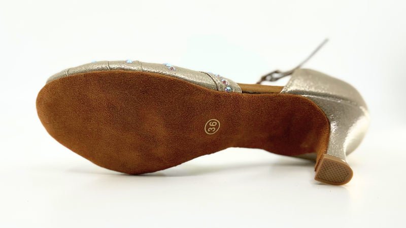 Ladies, Classic, Peep Toe, 2.25 Inch, Flared Heel, Dance Shoe In Shimmer Gold Satin With AB Rhinestone. - (S117) - Rockabilly Australia Pty Ltd
