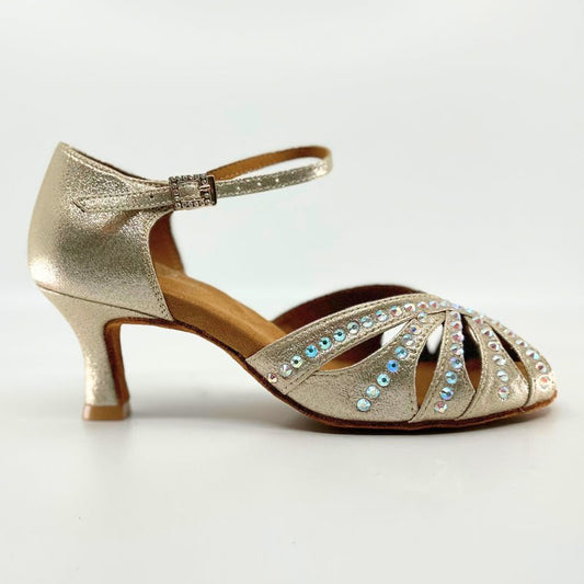 Ladies, Classic, Peep Toe, 2.25 Inch, Flared Heel, Dance Shoe In Shimmer Gold Satin With AB Rhinestone. - (S117) - Rockabilly Australia Pty Ltd