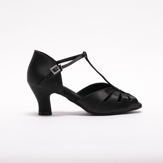 Ladies, Classic, Peep Toe, 4 Strap, Satin Vamp, T - Bar Dance Shoe in Black - (S230) - Rockabilly Australia Pty Ltd