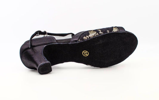 Ladies, Classic, Peep Toe, Diamonte encrusted T - Bar, 2.25 Inch Spanish Heel in Black Silk and Lace Dance Shoe - (S7390B) - Rockabilly Australia Pty Ltd