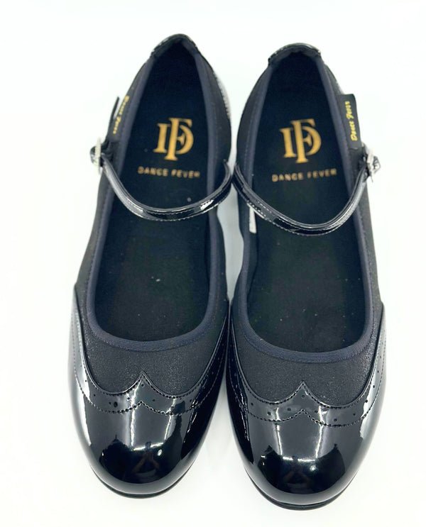 Ladies, Classic, Wing Tip, Mary Jane, Dance Shoe In Black Patent and Black Sparkle - (2083BG) - Rockabilly Australia Pty Ltd