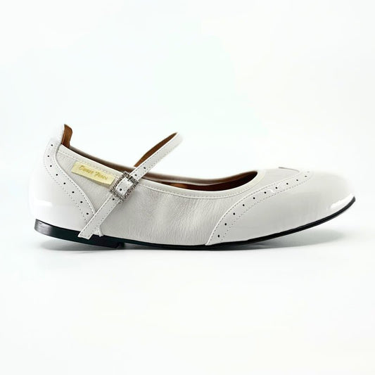 Ladies, Classic, Wing Tip, Mary Jane Dance Shoe in White Patent and White Leather - (2083W) - Rockabilly Australia Pty Ltd
