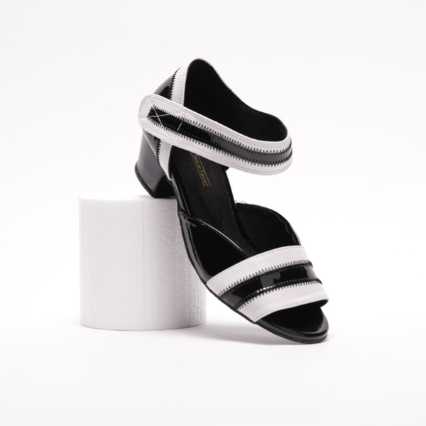 Ladies, Peep Toe, 1.5 Inch Cuban Heel, Velcro Ankle Strap, Dance shoe in Black Patent leather with White Leather trim - (2018BW) - Rockabilly Australia Pty Ltd
