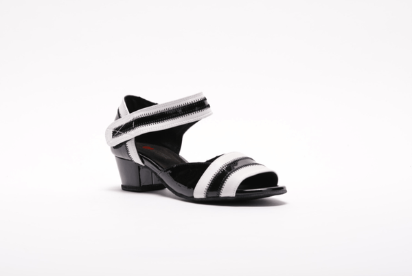 Ladies, Peep Toe, 1.5 Inch Cuban Heel, Velcro Ankle Strap, Dance shoe in Black Patent leather with White Leather trim - (2018BW) - Rockabilly Australia Pty Ltd
