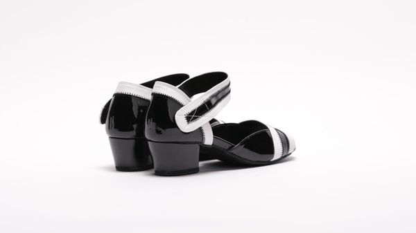 Ladies, Peep Toe, 1.5 Inch Cuban Heel, Velcro Ankle Strap, Dance shoe in Black Patent leather with White Leather trim - (2018BW) - Rockabilly Australia Pty Ltd