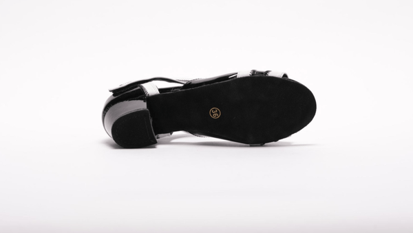 Ladies, Peep Toe, 1.5 Inch Cuban Heel, Velcro Ankle Strap, Dance shoe in Black Patent leather with White Leather trim - (2018BW) - Rockabilly Australia Pty Ltd