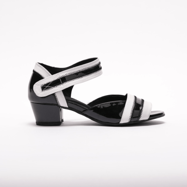 Ladies, Peep Toe, 1.5 Inch Cuban Heel, Velcro Ankle Strap, Dance shoe in Black Patent leather with White Leather trim - (2018BW) - Rockabilly Australia Pty Ltd