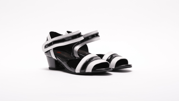 Ladies, Peep Toe, 1.5 Inch Cuban Heel, Velcro Ankle Strap, Dance shoe in Black Patent leather with White Leather trim - (2018BW) - Rockabilly Australia Pty Ltd