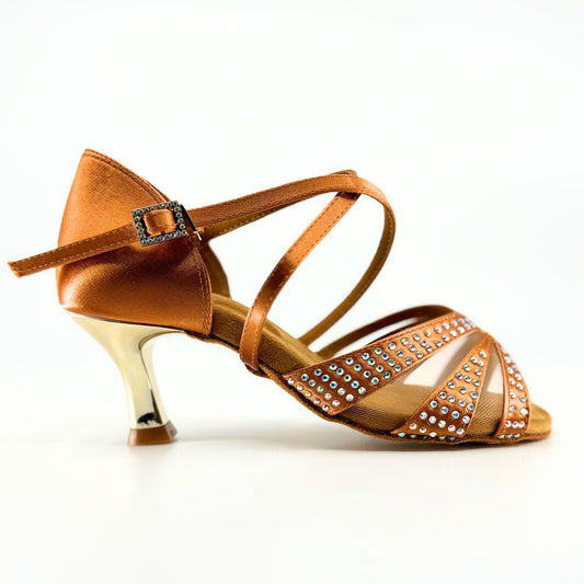 Ladies, Unique Vamp, Peep Toe, 2.25 Flared Heel, In Dark Tan or Black Silk With AB Rhinestones - (S211) - Rockabilly Australia Pty Ltd
