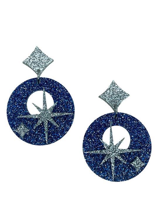 Las Vegas Starburst Stars Hoop Acrylic Earrings, Blue Glitter Hoop & Silver Stars. LV Glitter Strip Inspired Earrings. Atomic Age Earrings. - Rockabilly Australia Pty Ltd
