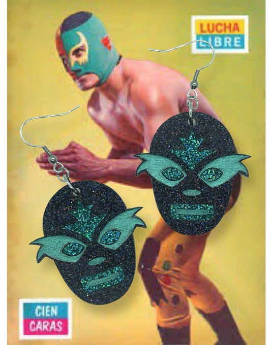 Lucha Libre Acrylic Earrings, Black Holgraphic Lucha Libre Earrings, Mexican Wrestling Mask Earrings, Mid Century Modern Earrings - Rockabilly Australia Pty Ltd