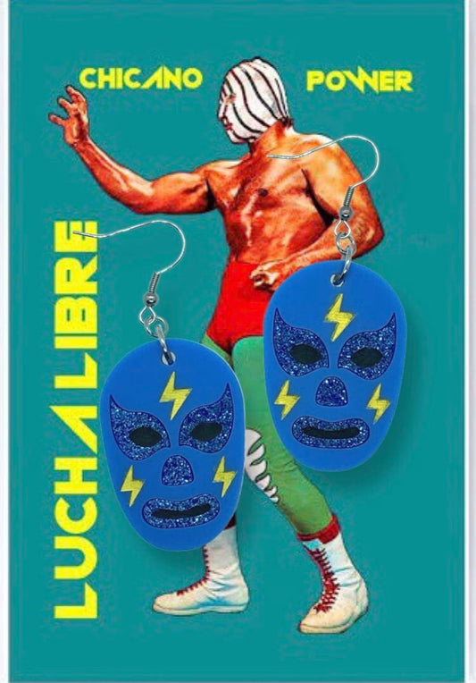 Lucha Libre Acrylic Earrings, Blue Lucha Earrings, Mexican Wrestling Mask Earrings, Mid Century Modern Earrings - Rockabilly Australia Pty Ltd