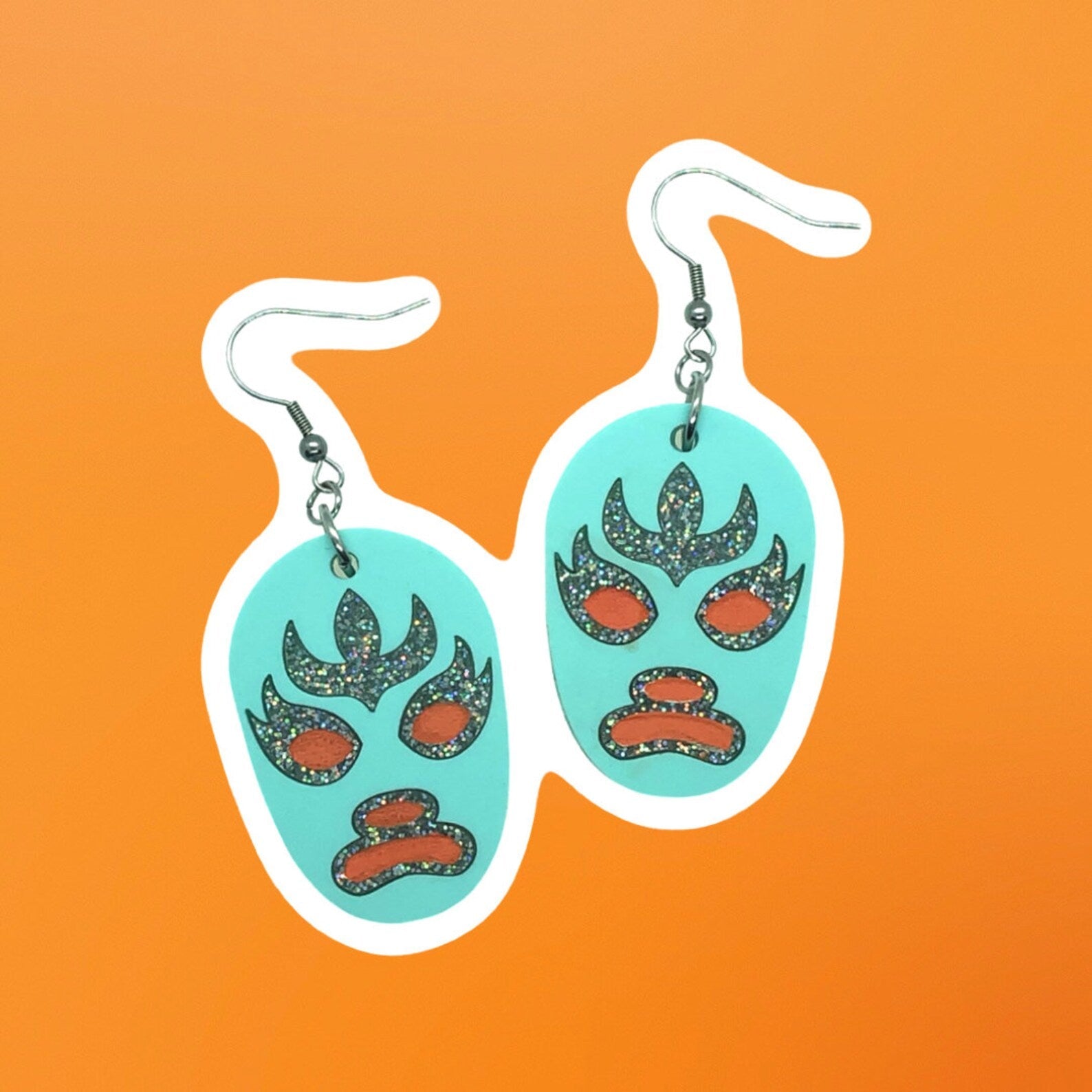 Lucha Libre Acrylic Earrings, Light Blue Lucha Libre Earrings, Mexican Wrestling Mask Earrings, Mid Century Modern Earrings - Rockabilly Australia Pty Ltd