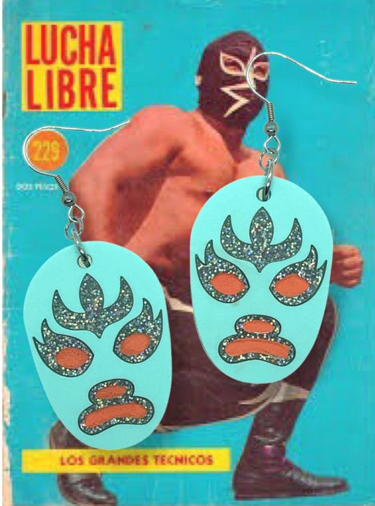 Lucha Libre Acrylic Earrings, Light Blue Lucha Libre Earrings, Mexican Wrestling Mask Earrings, Mid Century Modern Earrings - Rockabilly Australia Pty Ltd
