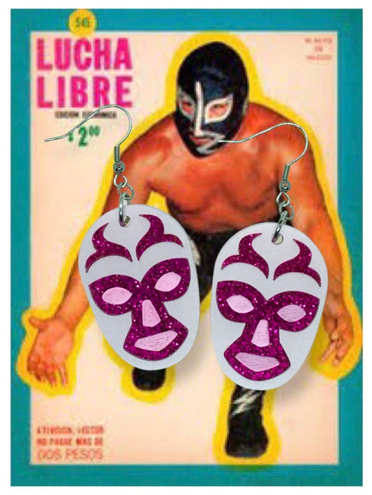Lucha Libre Acrylic Earrings, Pink Lucha Earrings, Mexican Wrestling Mask Earrings, Mid Century Modern Earrings - Rockabilly Australia Pty Ltd